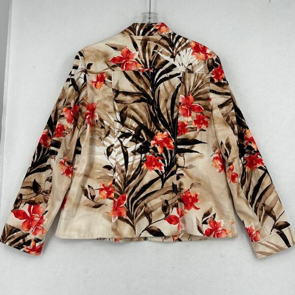 Chico's Blazer Jacket Size L Brown Red Tropical Floral Stretch Lined Full Zip - Picture 7 of 11